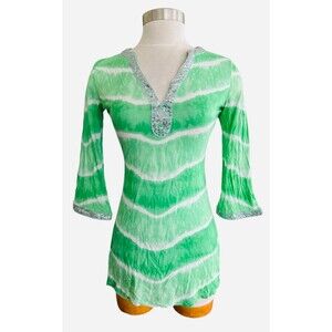 INC INTERNATIONAL CONCEPTS Sz Small Green Stripe Embellished V-Neck Pullover Top
